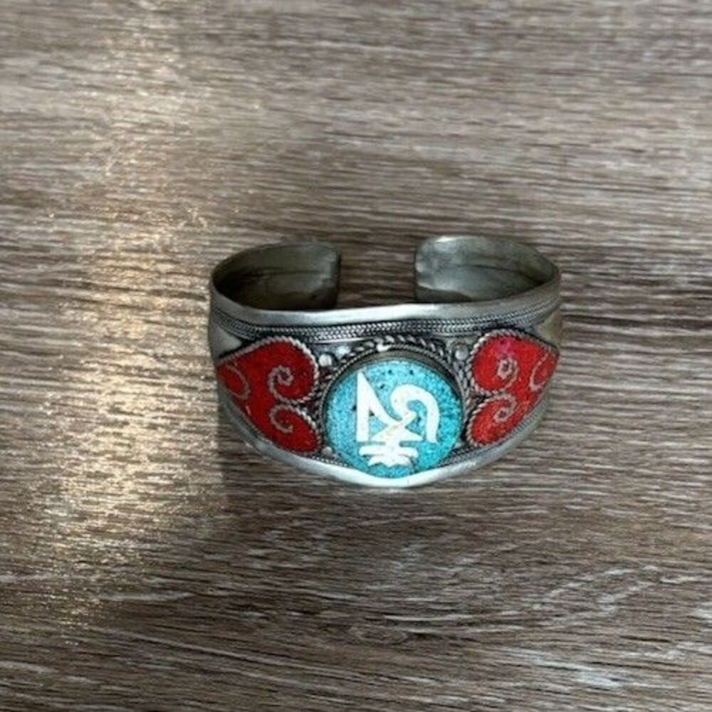 Tibetan German Silver Cuff Bracelet Om Symbol, Heart, Turquoise & Coral Inlay
